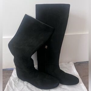 APERLAI PARIS Round Toe Black Suede Knee High Flat Boots, Size 38